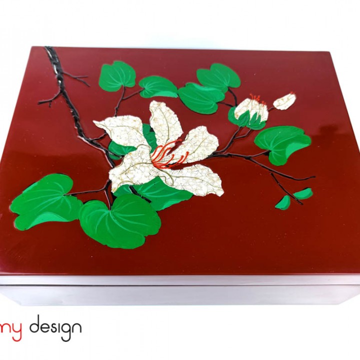 Red rectangular lacquer box hand-painted with flower 23*30*H10cm